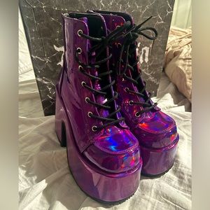 Demonia Purple Hologram Vegan Leather Platform Ankle Boots Size 8
